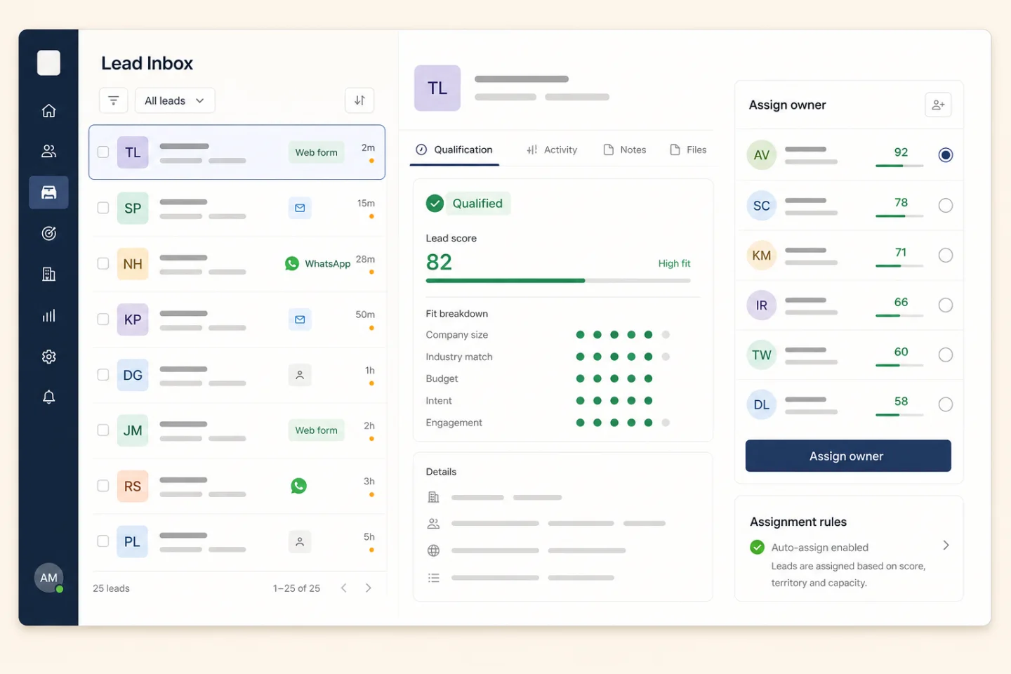 Lead inbox showing source, qualification score, and sales owner assignment