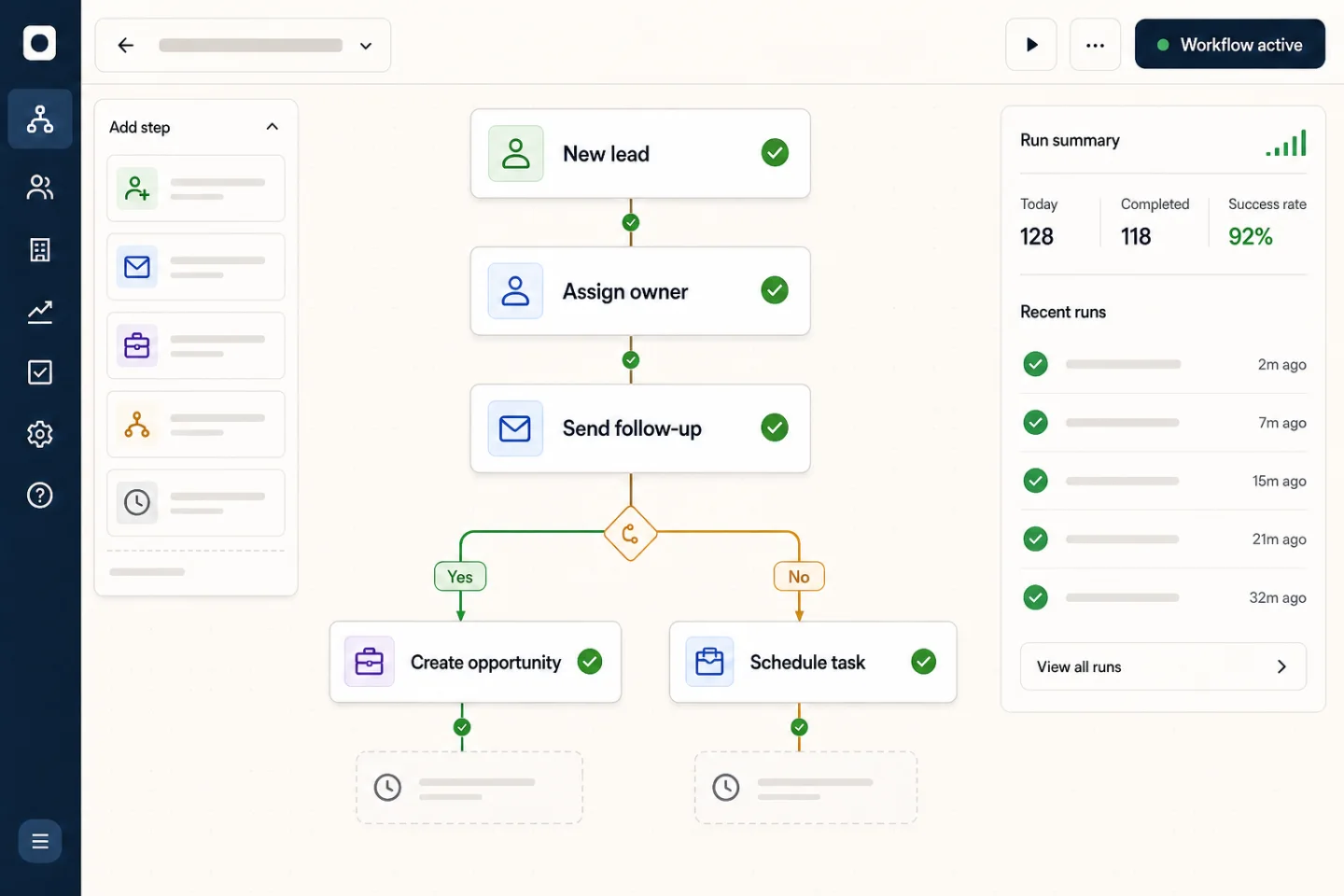 Workflow builder assigning a new lead, sending follow-up, and creating an opportunity