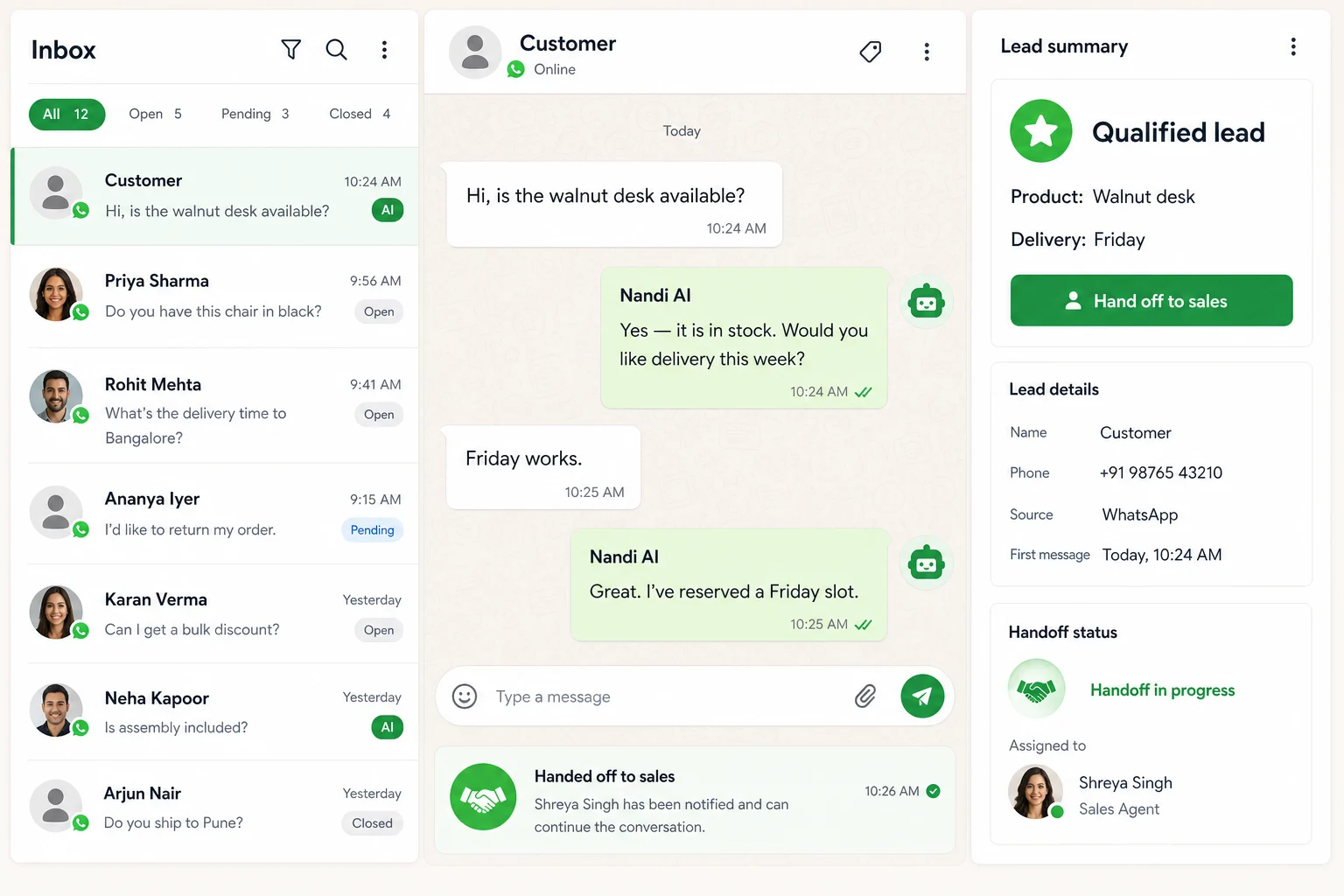 AI agent qualifying a walnut desk enquiry in WhatsApp before handing the conversation to sales