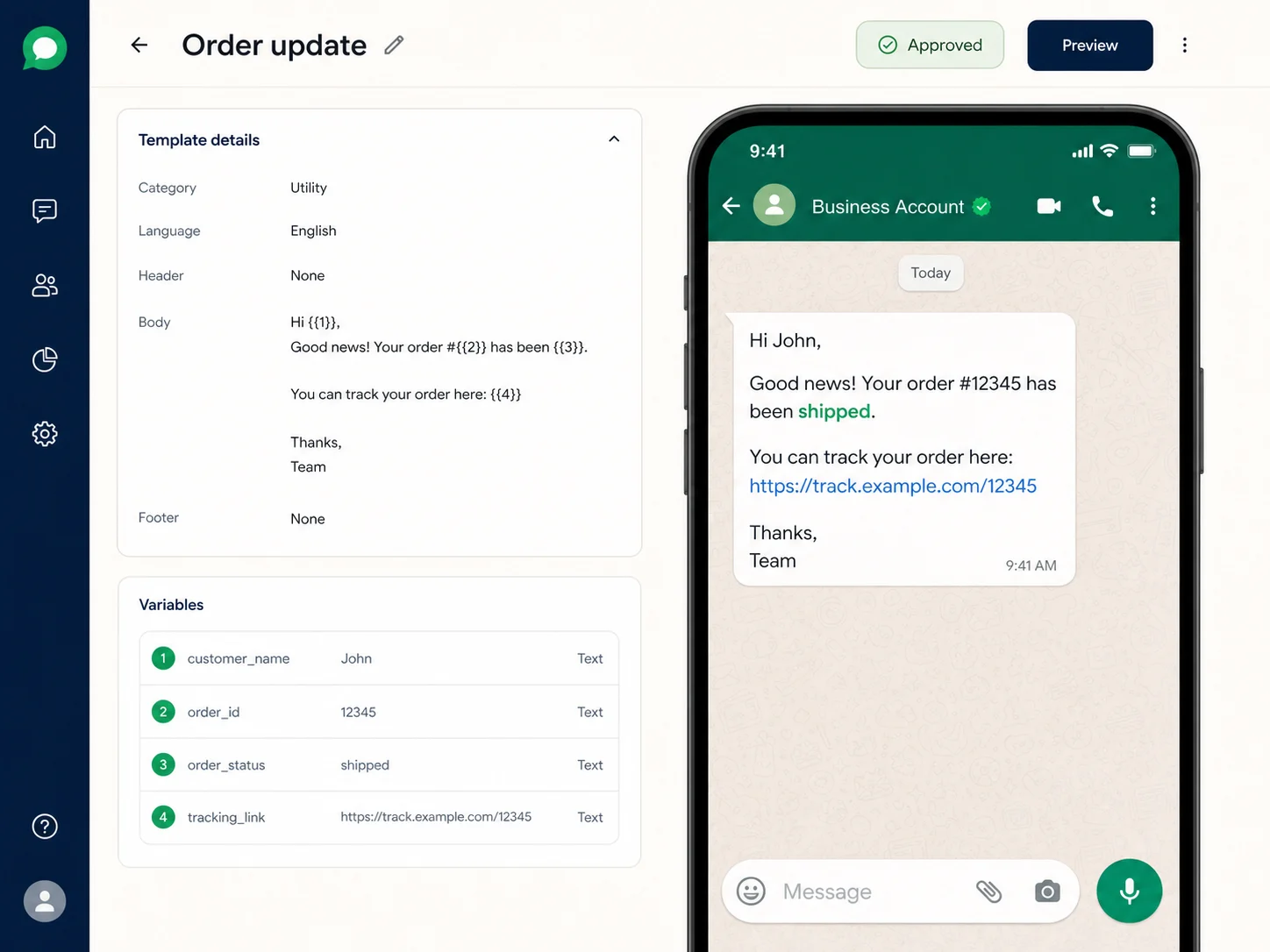 Approved WhatsApp order update template with message preview