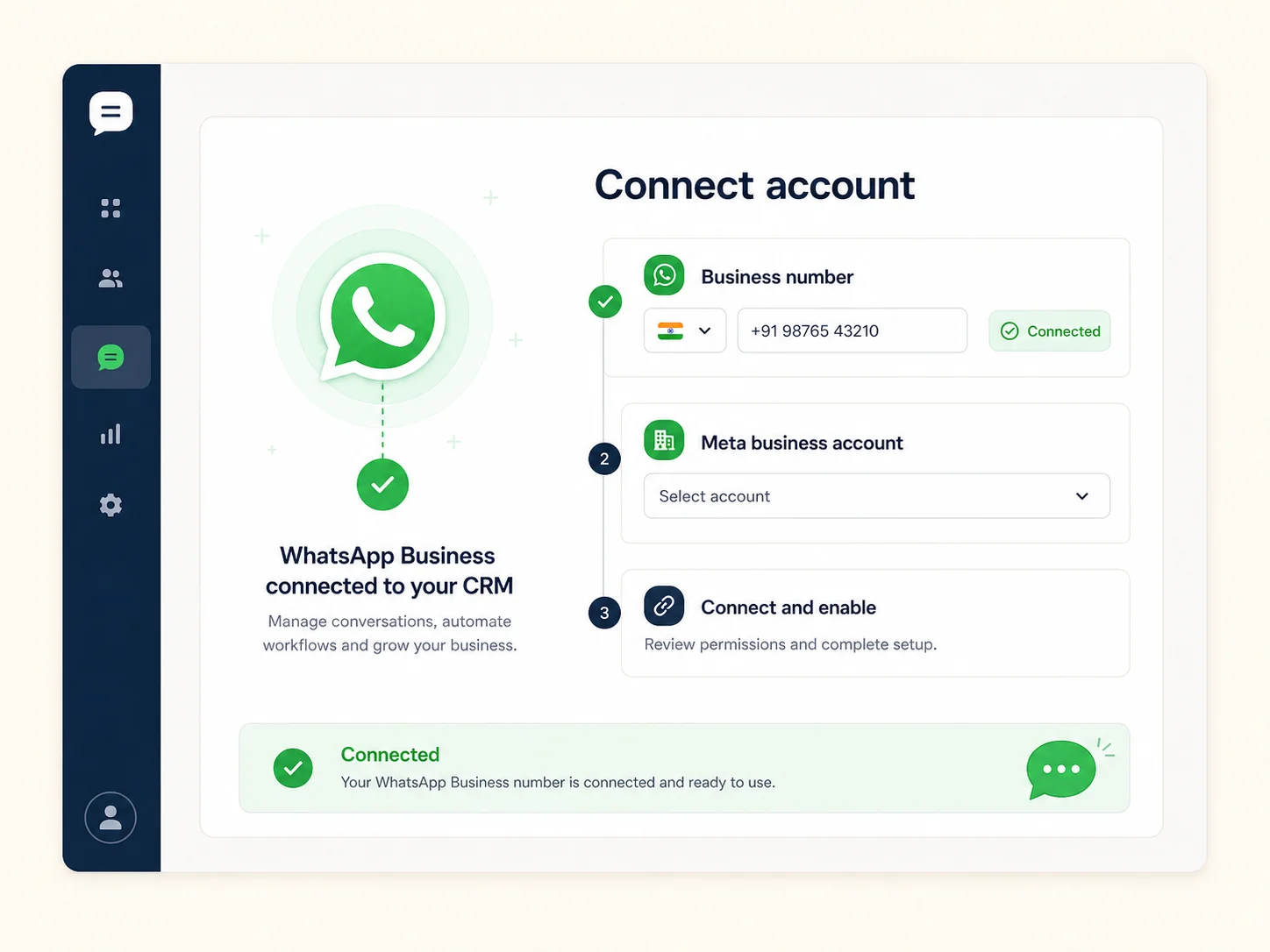WhatsApp Business account connection screen with a verified business number