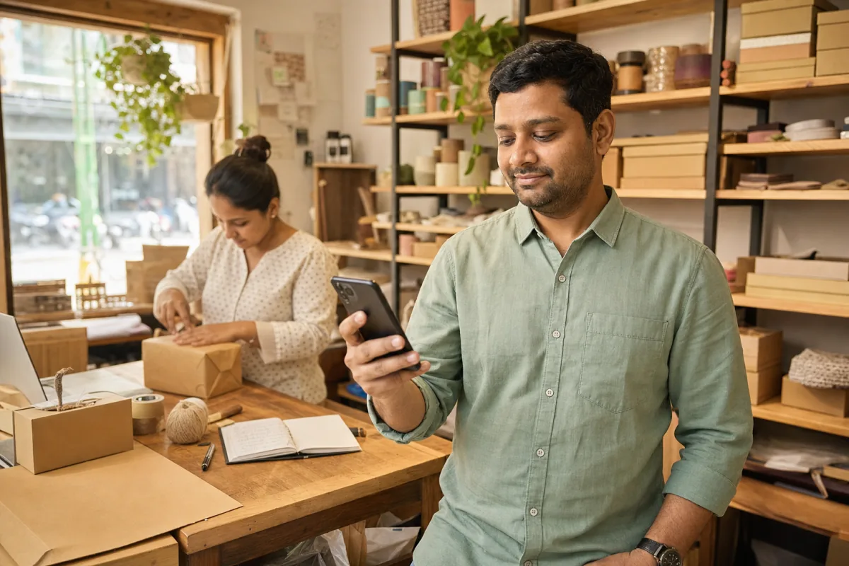 Small business team handling customer messages while preparing an order