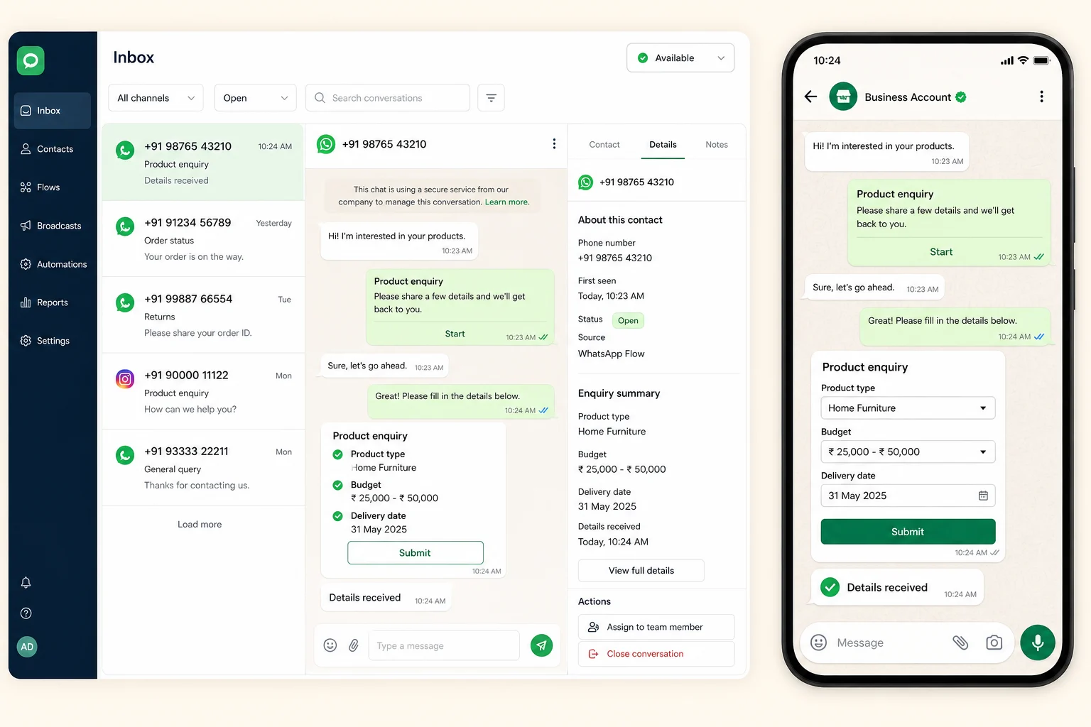 WhatsApp Flow collecting product type, budget, and delivery date inside a customer conversation